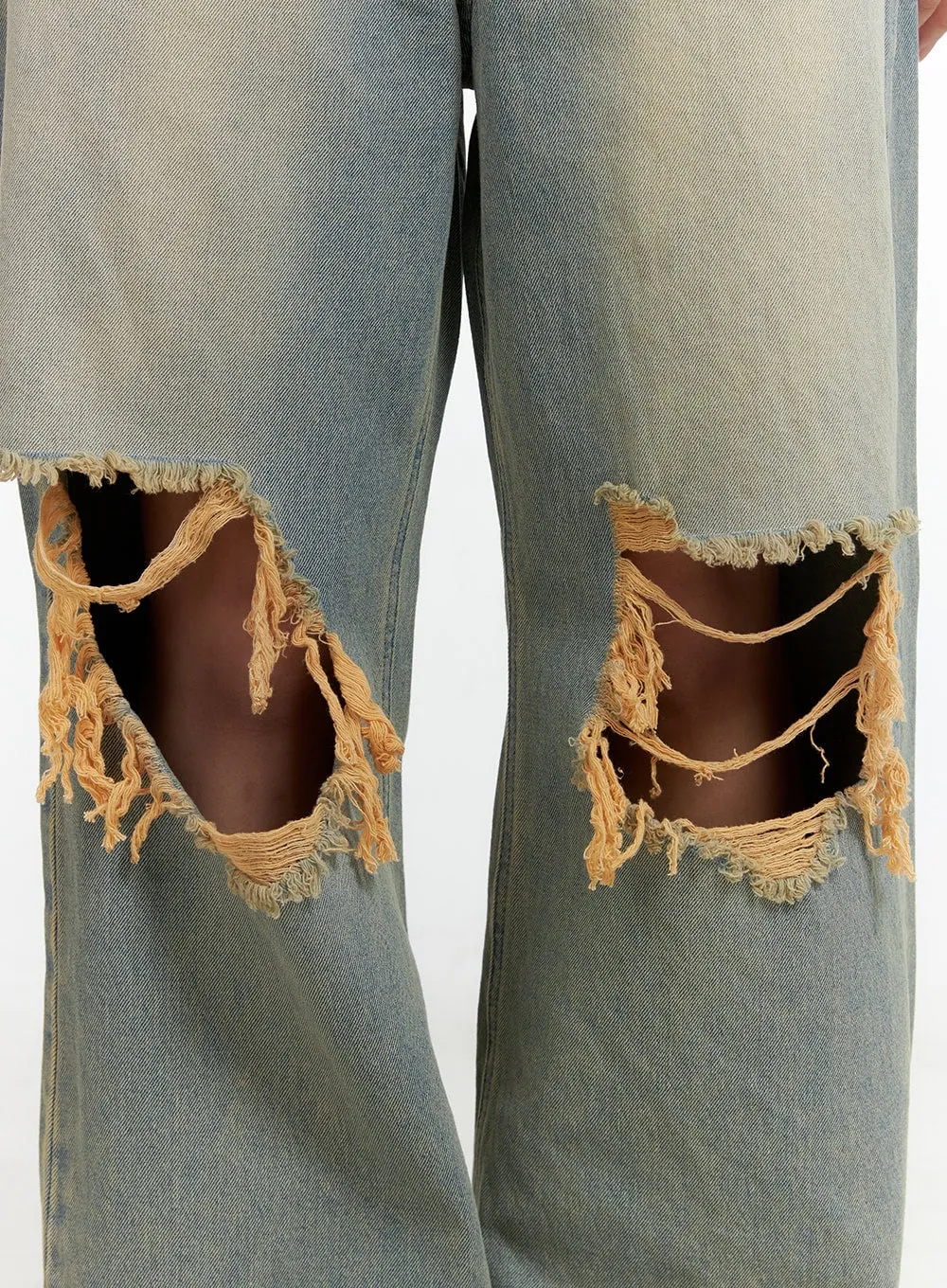 Washed Destroyed Denim Baggy Jeans OL408