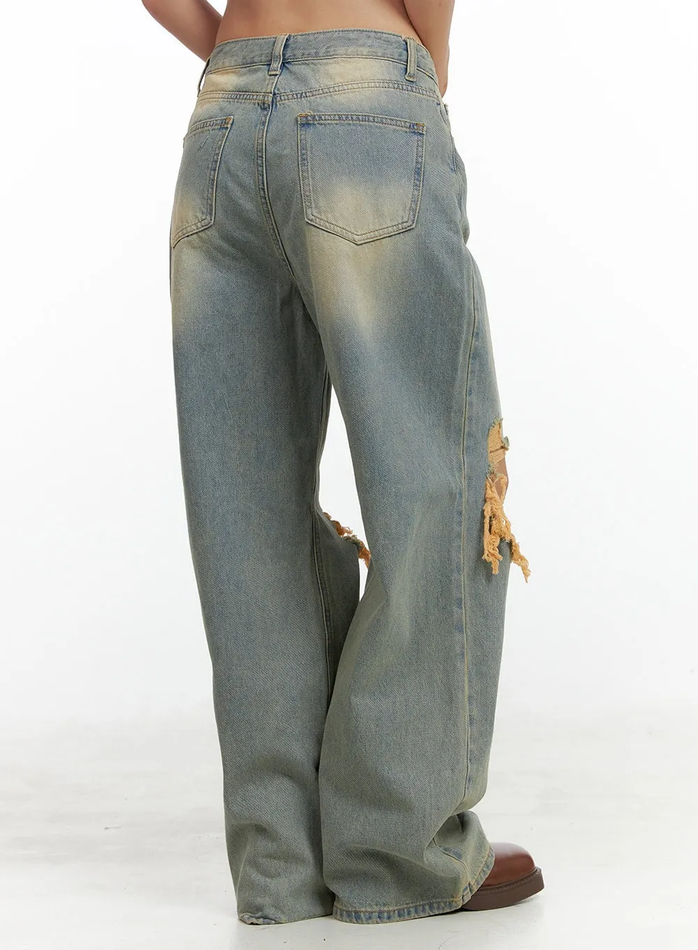 Washed Destroyed Denim Baggy Jeans OL408