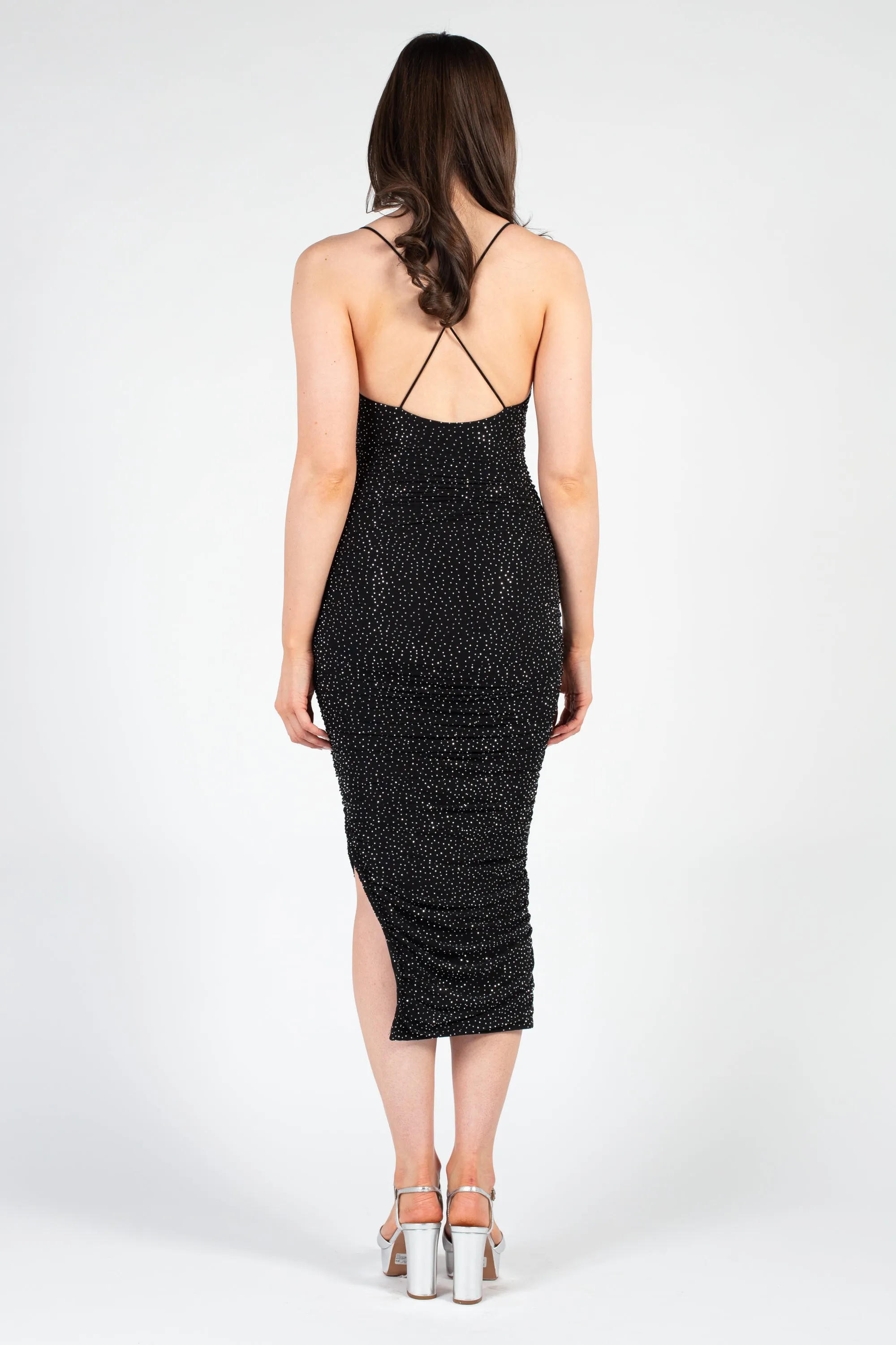 Whitney Rhinestone Ruched Mesh Midi Dress