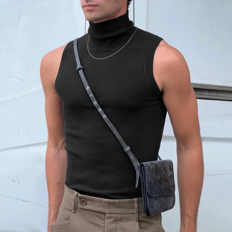 Wiaofellas  -  Fashion Sleeveless Turtleneck Tank Tops Men New Casual Solid Color Ribbed Camisole Mens Trendy Bottom Tops Male Vest Streetwear