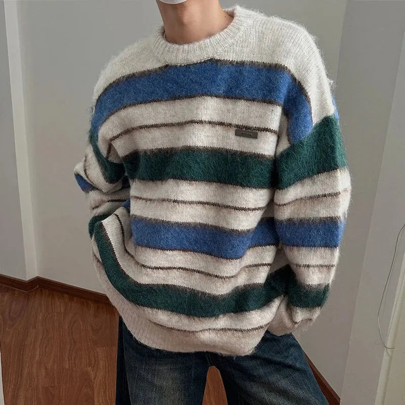 Wiaofellas  -  guys clothing styles Autumn Clothing Men's Knitted Light Luxury Pullovers Sweater Korean Vintage O Neck Striped Long Sleeve Knitwear New