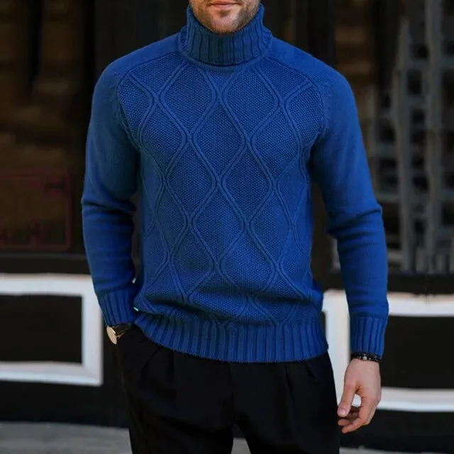 Wiaofellas Men Knit Sweater Pullover Long Sleeve Turtleneck Sweaters Streetwear Fall Vintage Male Solid Knitting Tops Diamond Texture