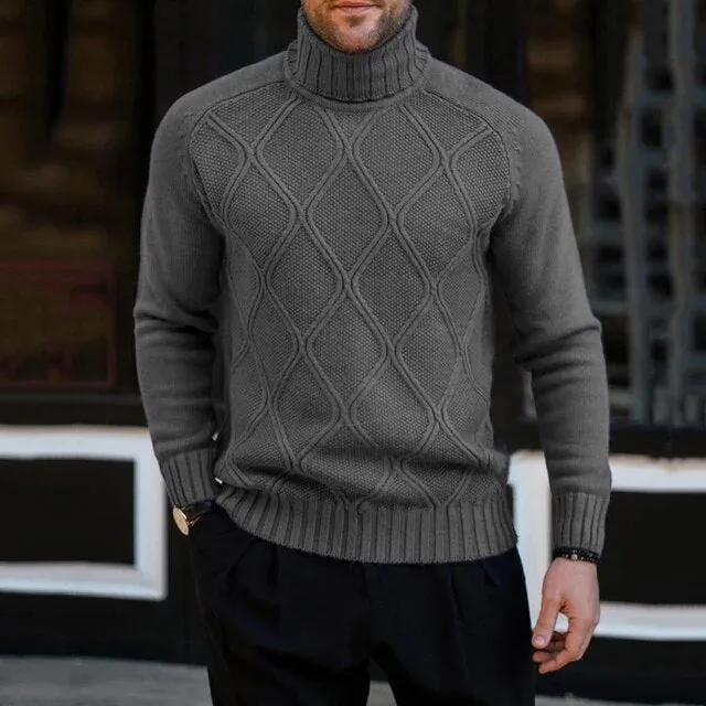 Wiaofellas Men Knit Sweater Pullover Long Sleeve Turtleneck Sweaters Streetwear Fall Vintage Male Solid Knitting Tops Diamond Texture