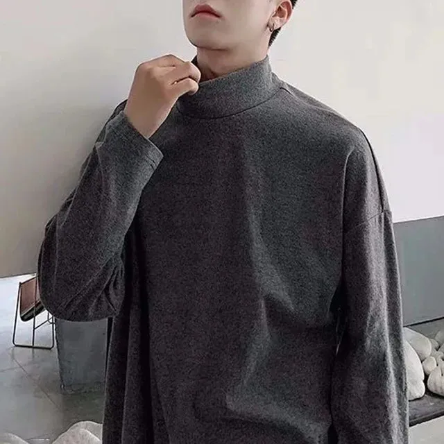 Wiaofellas Solid Color Turtleneck Long Sleeve Top Men's Fashion Loose Pullover Tops Autumn Trend Fashion Streetwear Unisex Bottom Shirt