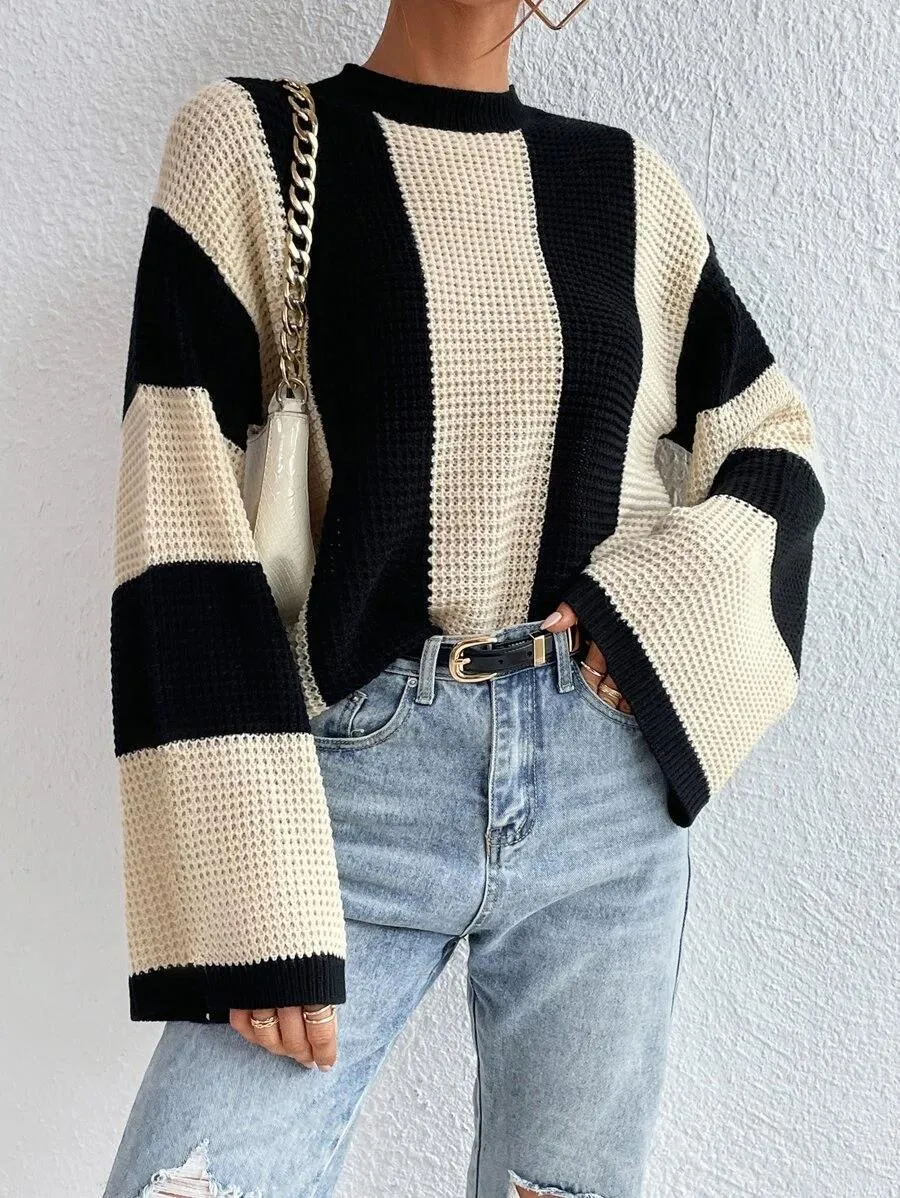 Wide vertical stripe bell sleeve pullover sweater