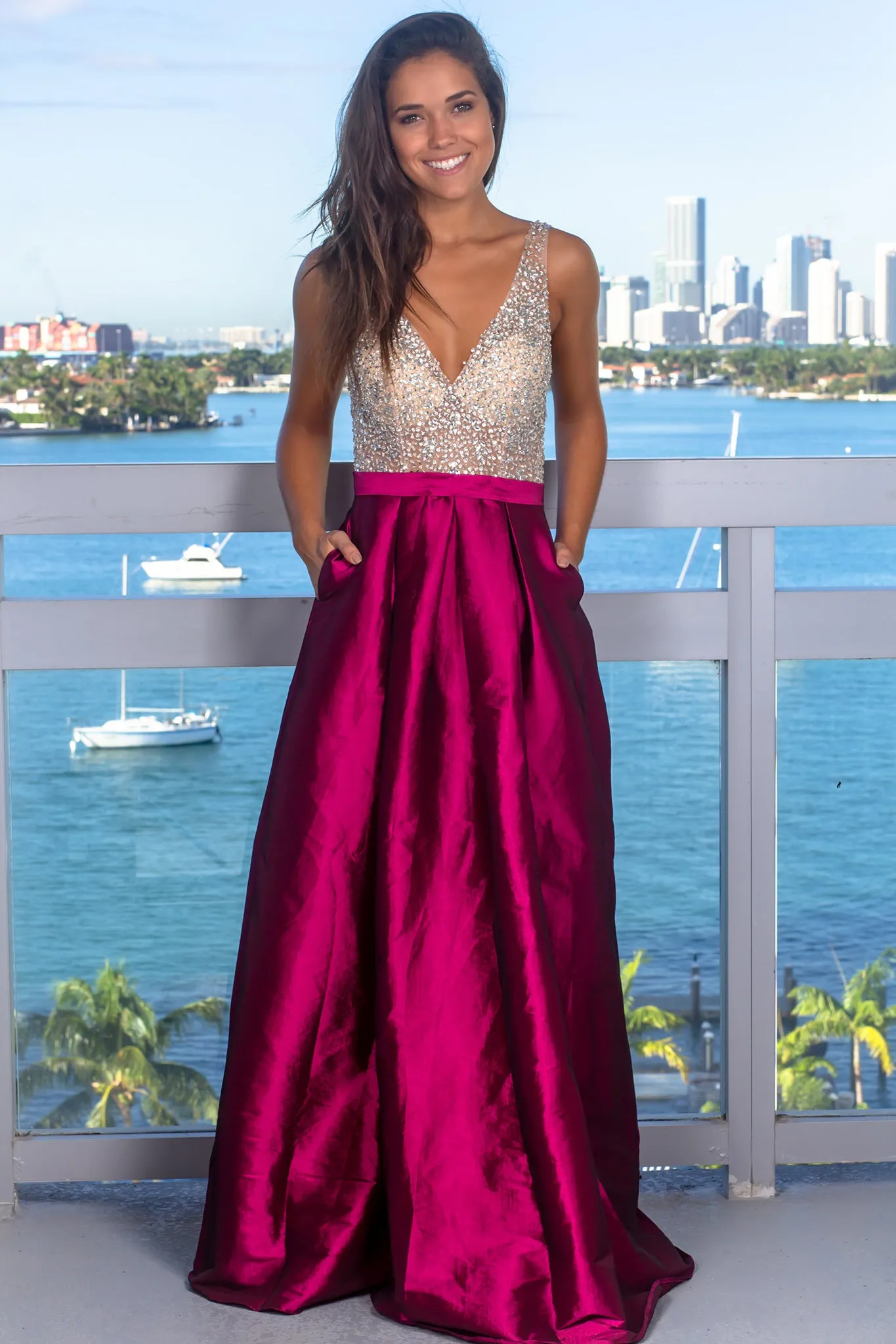 Wine Jeweled Maxi Dress