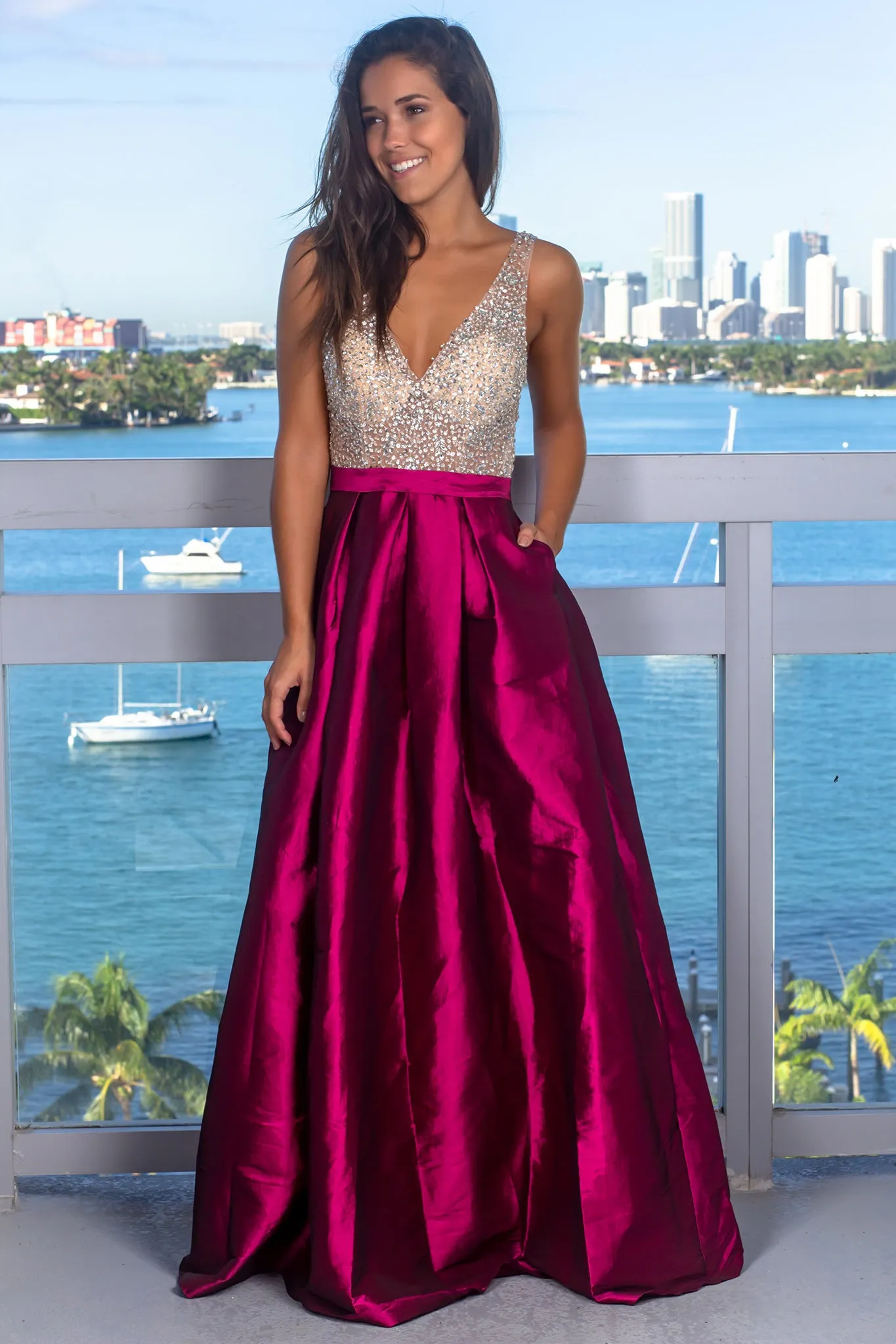 Wine Jeweled Maxi Dress