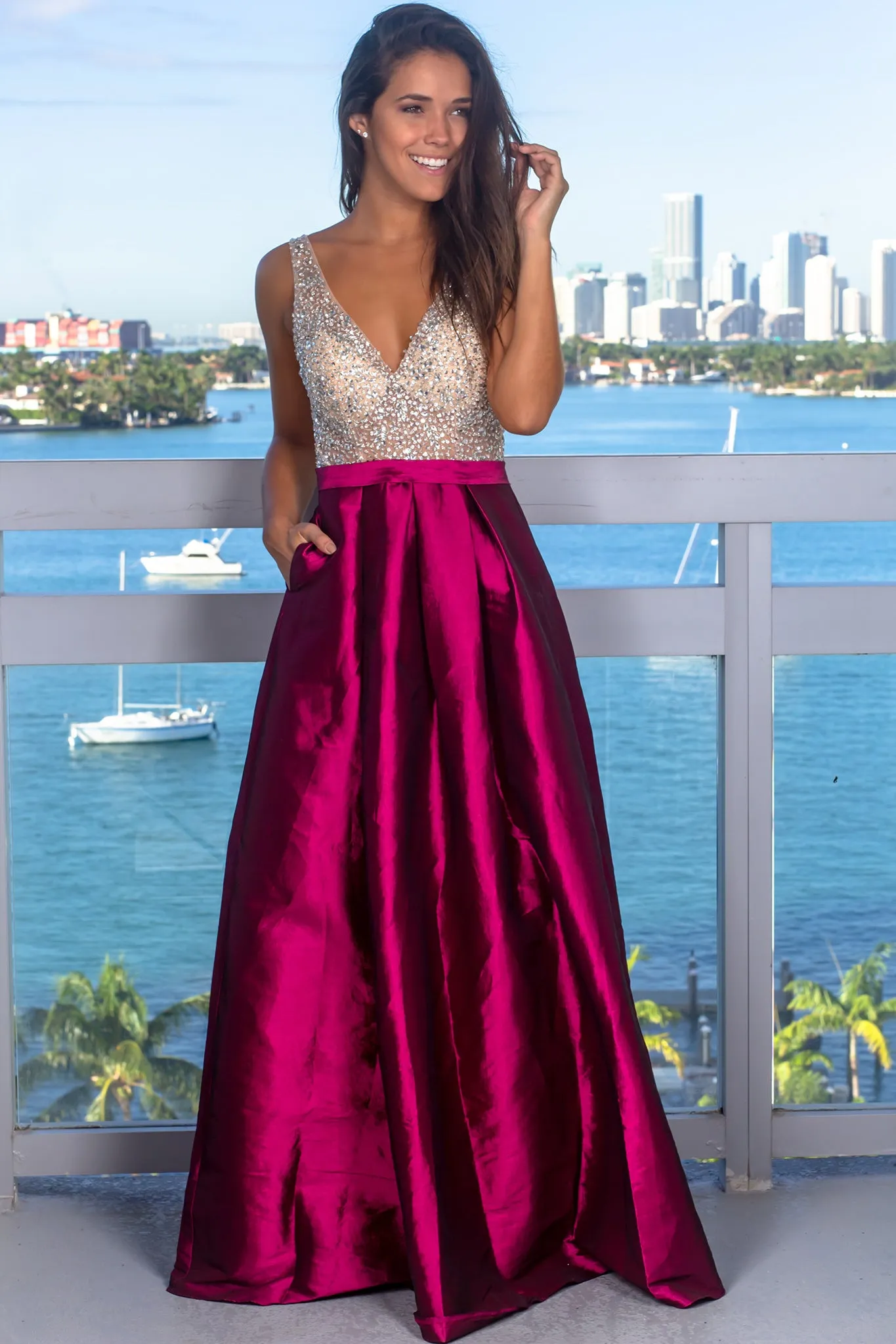 Wine Jeweled Maxi Dress