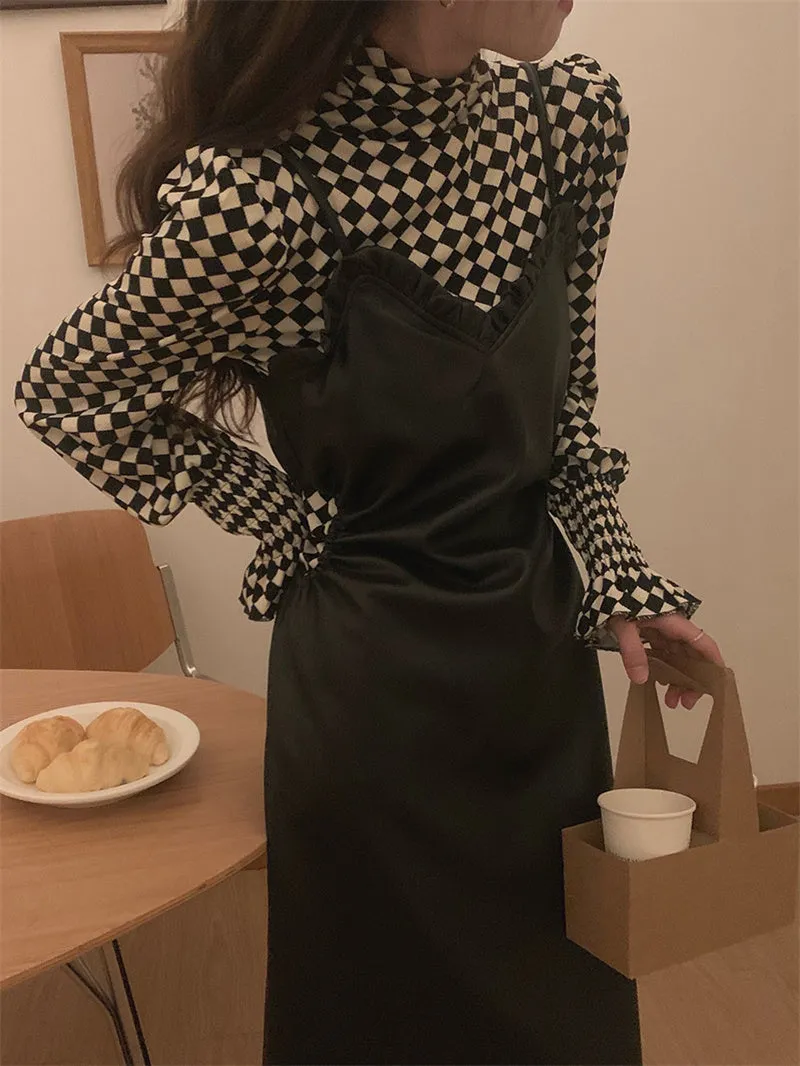 Wjczt Elegant Pu Sets Women New Casual Two Pieces Turtleneck Plaid Pullovers and Dress Female Fashion V Neck Pu Suits