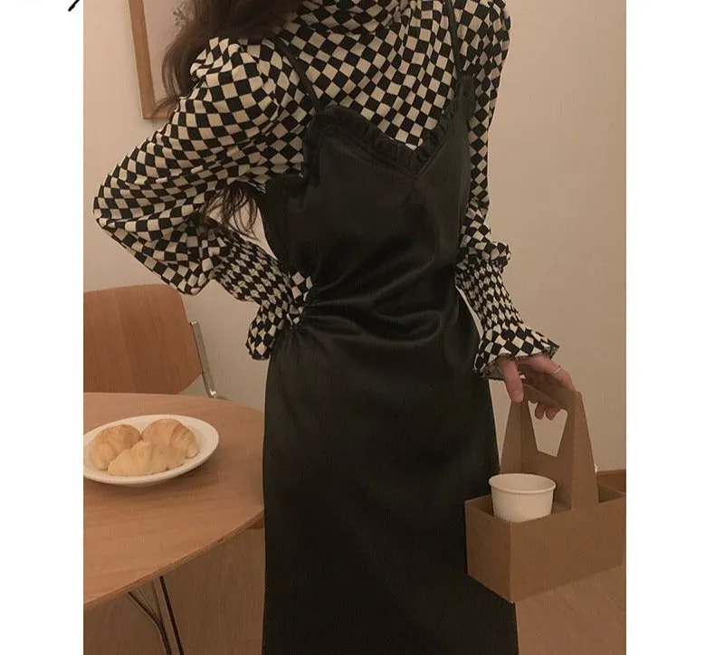 Wjczt Elegant Pu Sets Women New Casual Two Pieces Turtleneck Plaid Pullovers and Dress Female Fashion V Neck Pu Suits