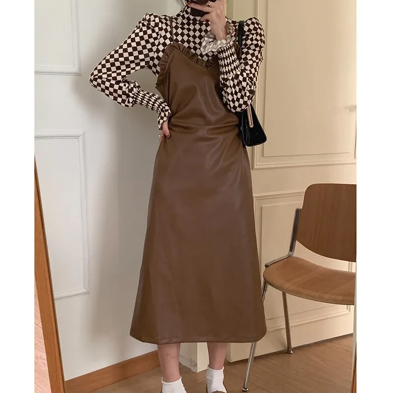 Wjczt Elegant Pu Sets Women New Casual Two Pieces Turtleneck Plaid Pullovers and Dress Female Fashion V Neck Pu Suits