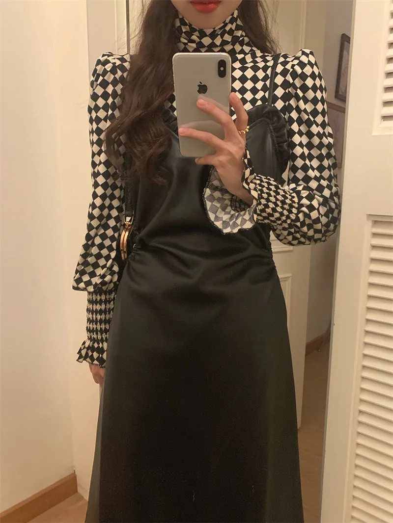 Wjczt Elegant Pu Sets Women New Casual Two Pieces Turtleneck Plaid Pullovers and Dress Female Fashion V Neck Pu Suits