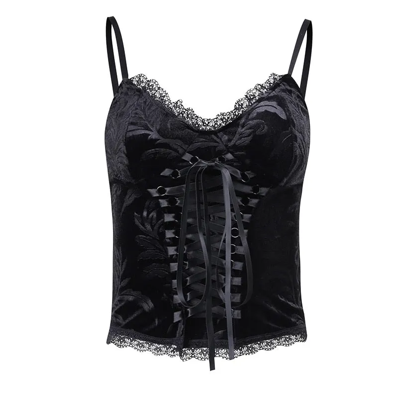 Wjczt Y2K Mall Gothic Sexy Summer Crop Tops Women Velvet Lace Streetwear Sleeveless Corset Bandage Camis Punk Grunge Basic Top