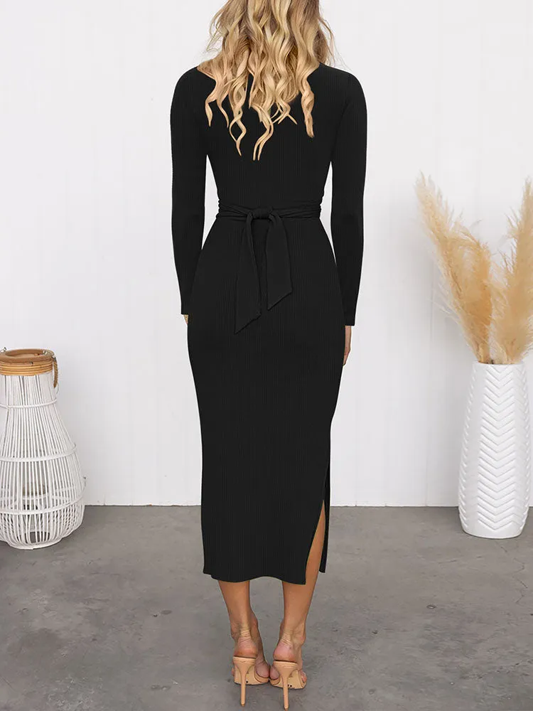 Women's Long Sleeve Cut Out Bodycon Dress Twist Front Ruched Split Midi Dress