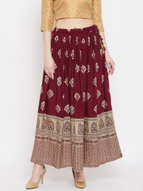 Women'S Maroon Flared Printed Maxi Skirt