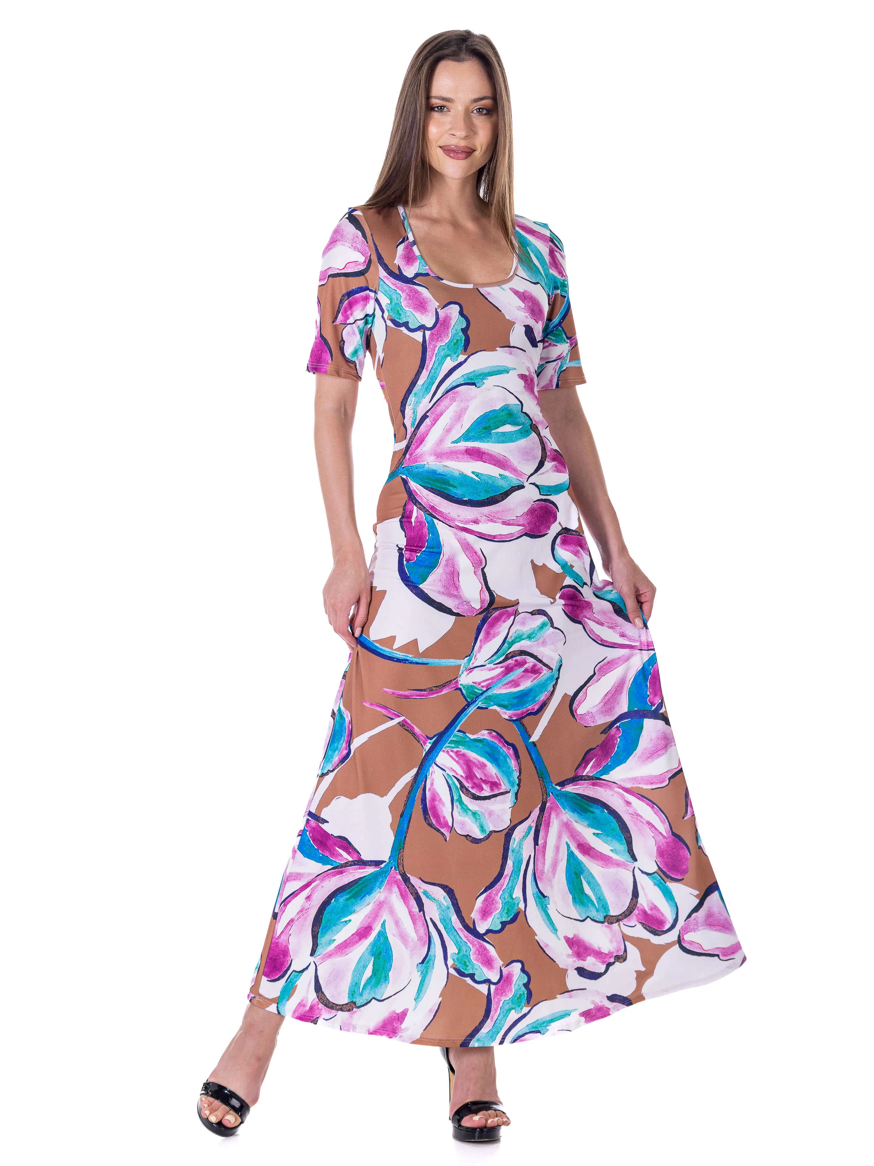 Womens Pink Floral Elbow Sleeve Casual A Line Maxi Dress