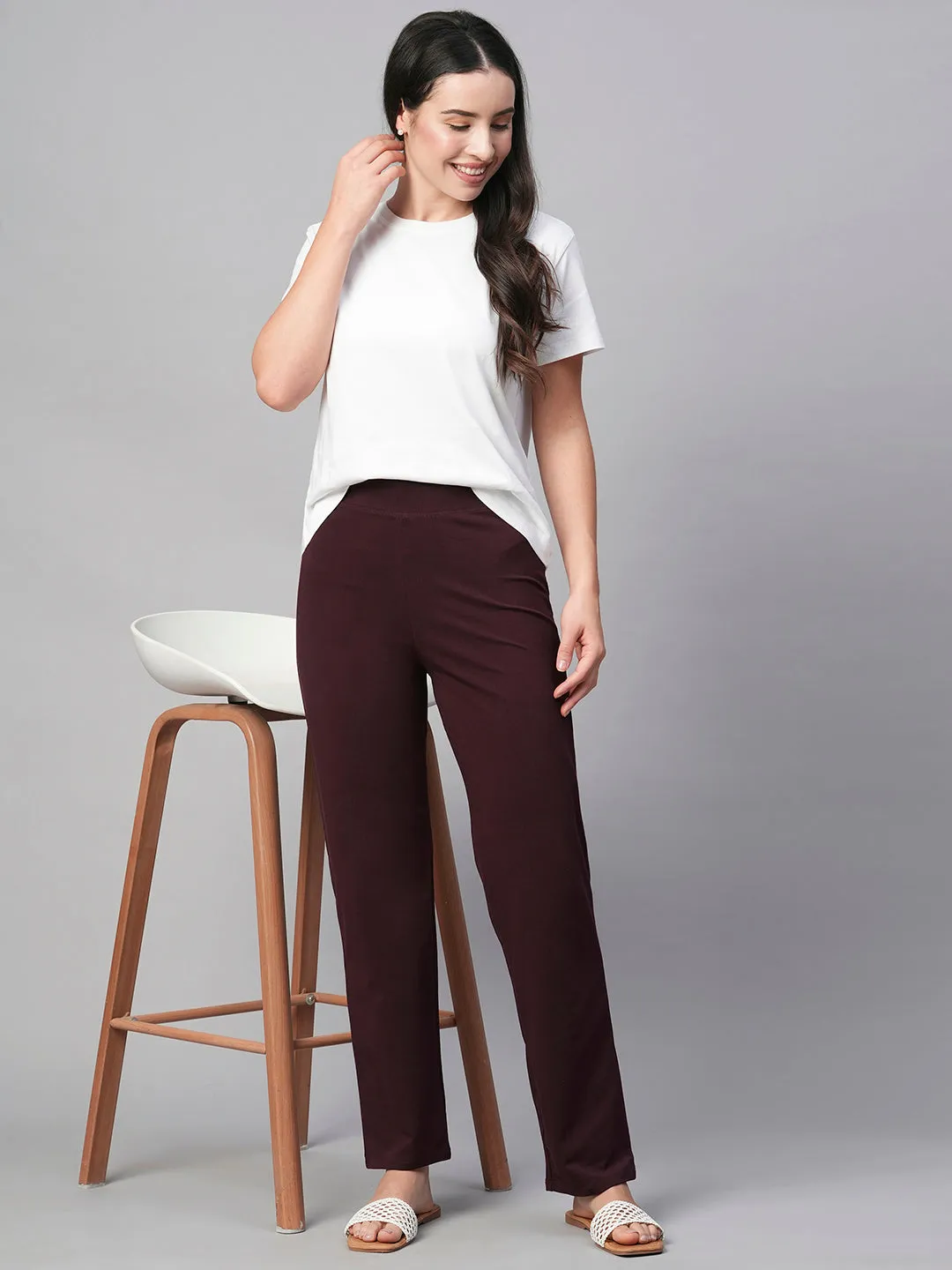 Women's Wine Cotton Elastane Regular Fit Knit Pant