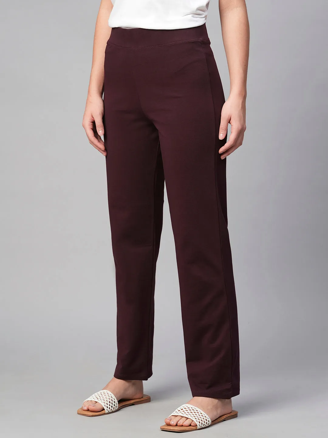 Women's Wine Cotton Elastane Regular Fit Knit Pant