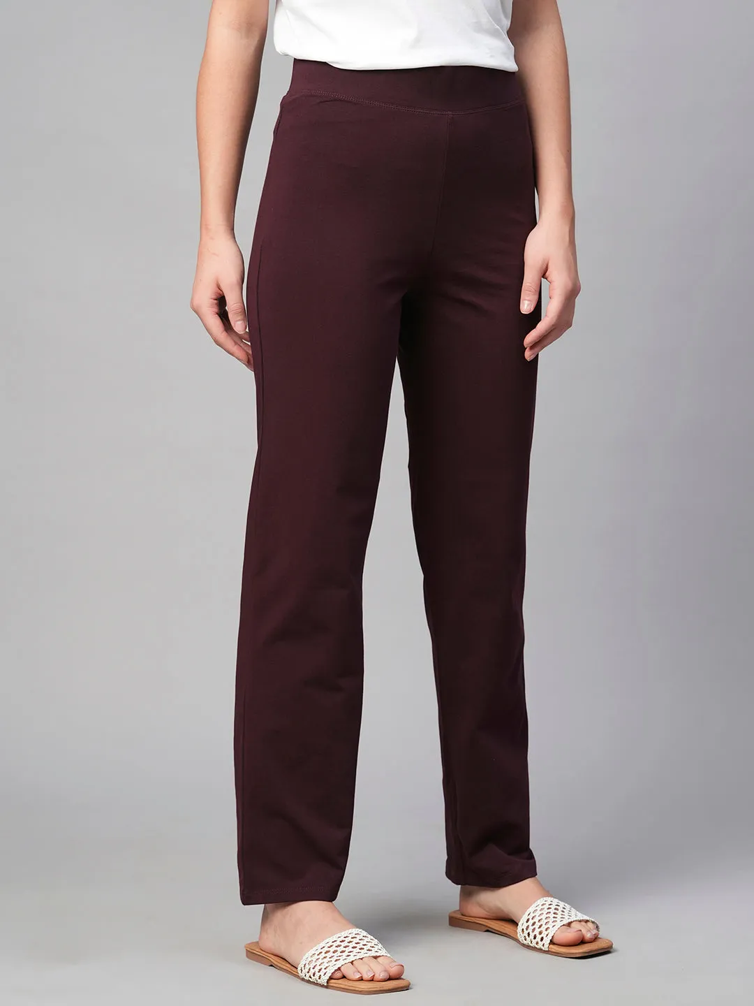 Women's Wine Cotton Elastane Regular Fit Knit Pant