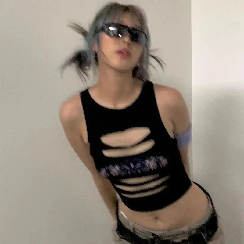 Y2K Sexy Grunge Out Goth Hollow Fairycore Crop Mall Aesthetics Harajuku Top