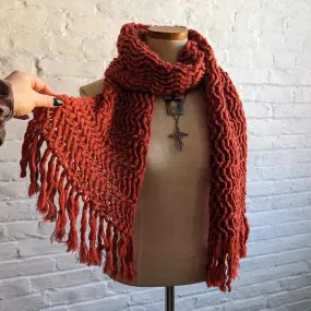 Y2K Vintage Rusty Orange Crochet Chunky Knit Fringe Scarf Minimalist Boho Shawl