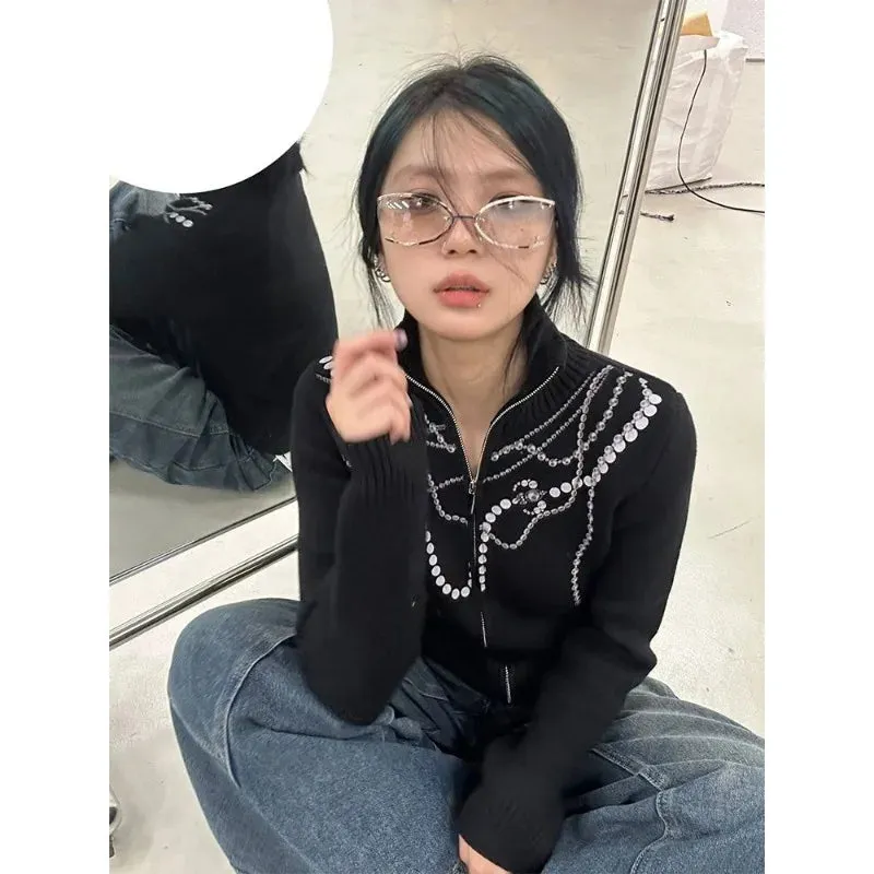 Y2k Vintage Zip Up Women Knit Cardigan Harajuku Graphic Turtleneck Sweater Slim Korean Fashion Autumn Grunge Streetwear