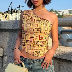 Yellow Geometry Print One Shoulder Tank Top Women Vintage Slim Fit Asymmetric Vest Harajuku Grunge Crop Top Summer Streetwear