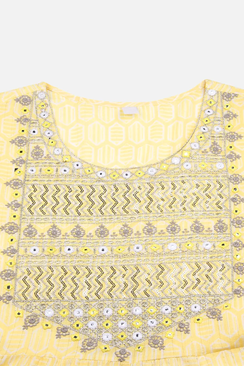 Yellow Pure Cotton Geometric Printed Embroidered Anarkali Suit Set