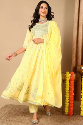 Yellow Pure Cotton Geometric Printed Embroidered Anarkali Suit Set