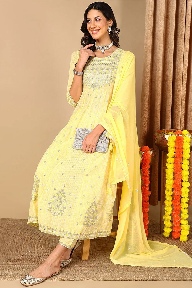 Yellow Pure Cotton Geometric Printed Embroidered Anarkali Suit Set