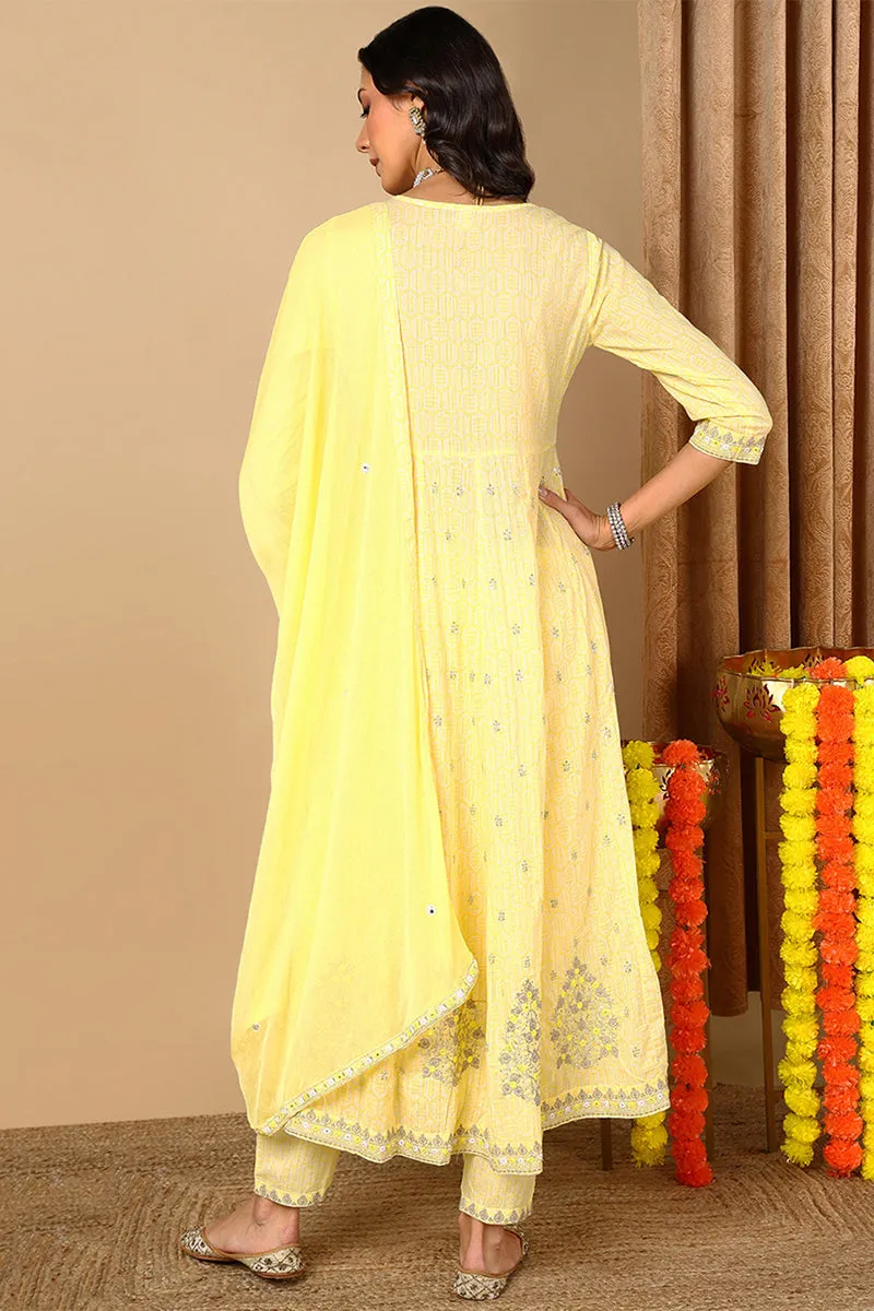 Yellow Pure Cotton Geometric Printed Embroidered Anarkali Suit Set