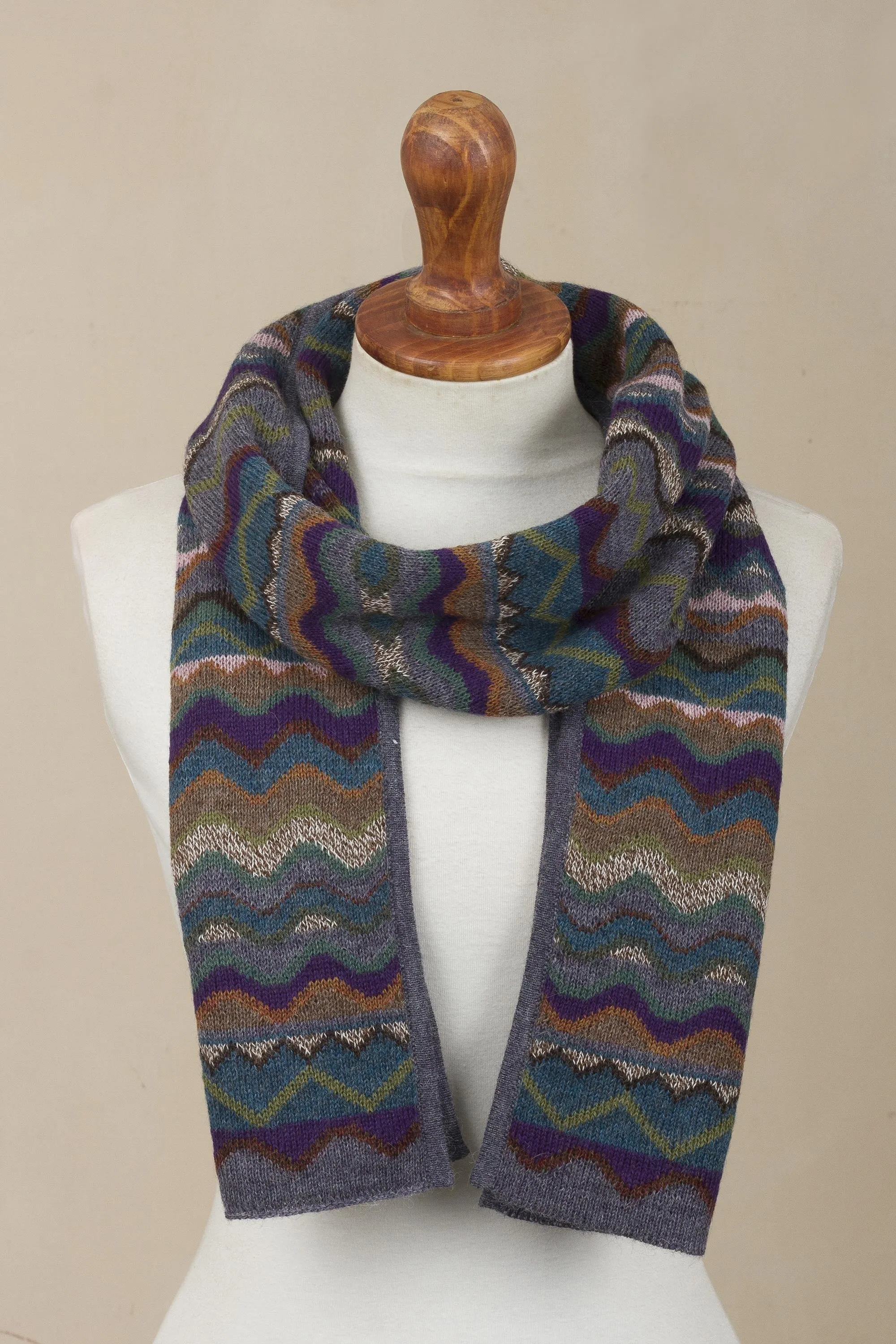 Zigzag Striped Alpaca Wool Scarf from Peru - Mountain of Seven Colors | NOVICA