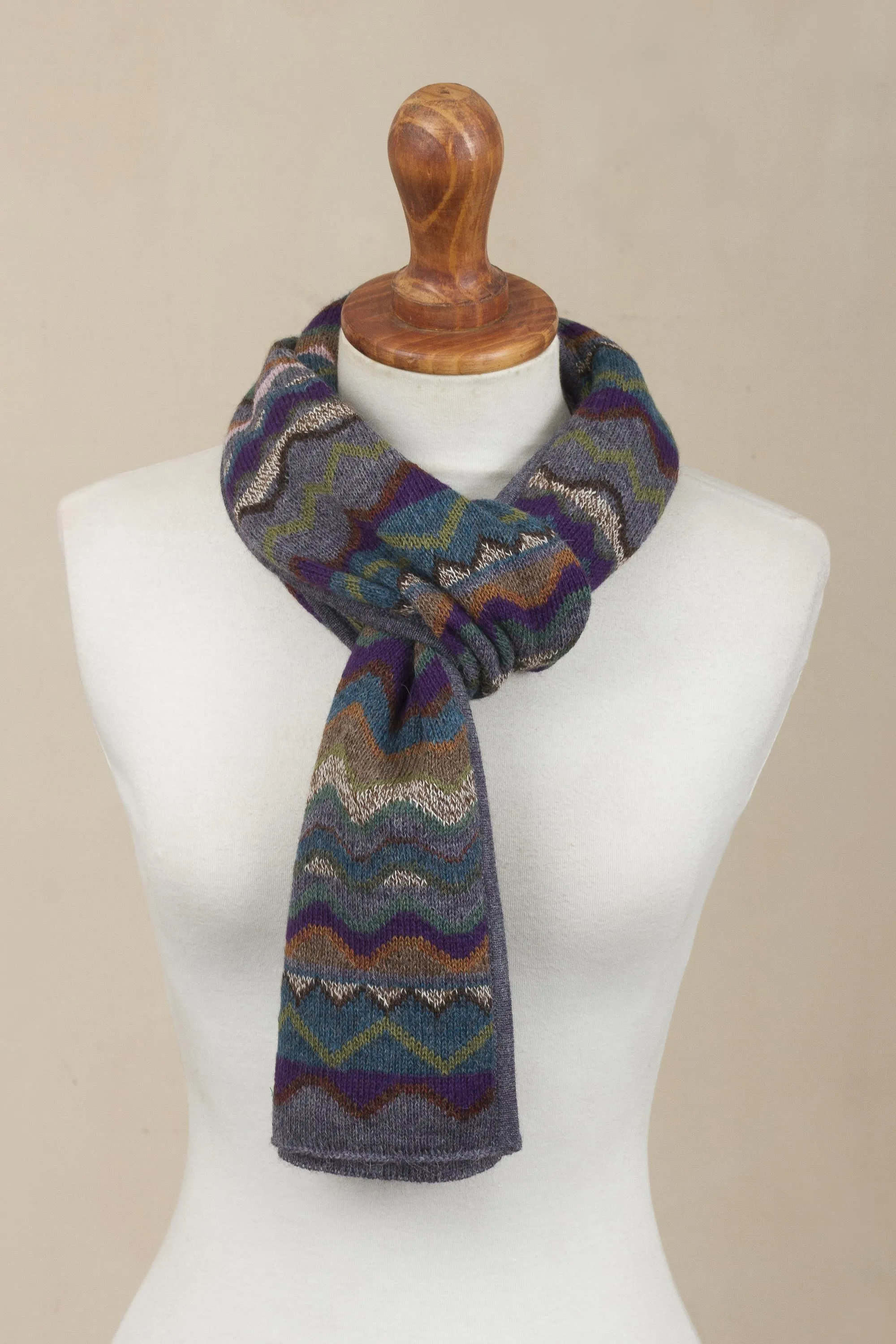 Zigzag Striped Alpaca Wool Scarf from Peru - Mountain of Seven Colors | NOVICA